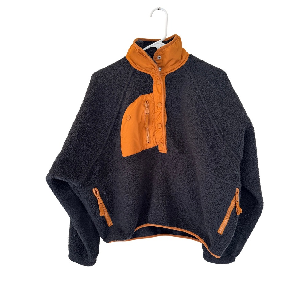 Free People FP Movement Hit The Slopes Fleece Pullover Black Orange Cropped S